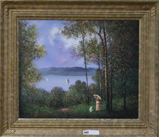 K. Beiber, oil on canvas, Edwardian figures beside a lake, signed, 49 x 59cm